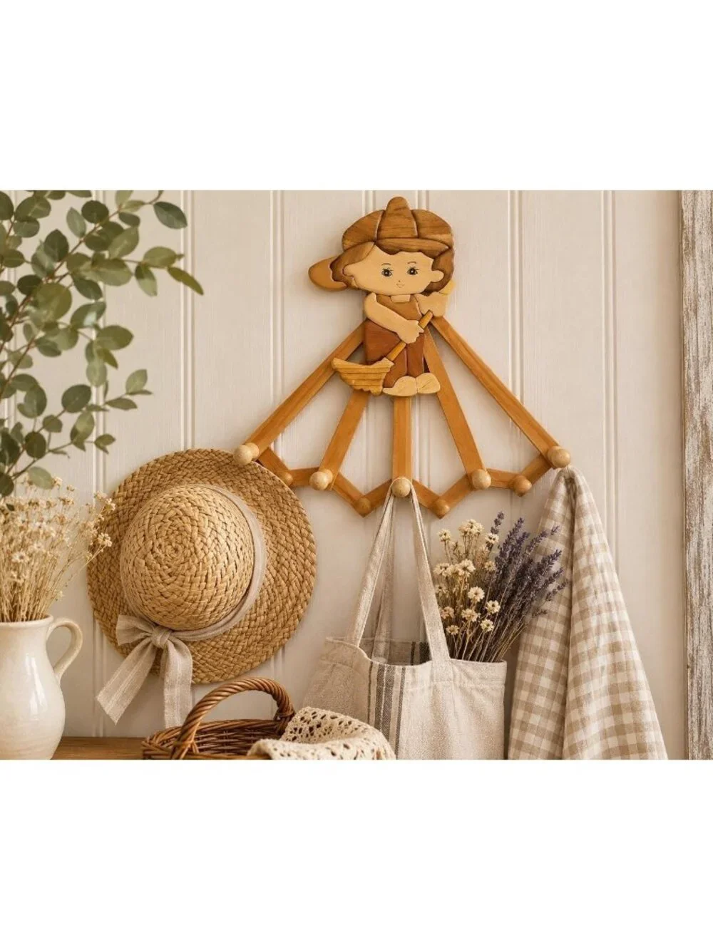 Vintage Wood Expanding Peg Rack Wall Hook Coat Hat Key Organizer Country Decor
